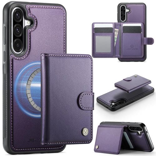 Funda de cuero con hebilla magnética para Samsung Galaxy A56 5G JEEHOOD J09, con ranuras para tarjetas, estilo RFID y MagSafe (morado)
