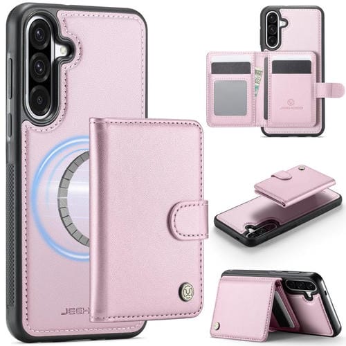 Funda de cuero con hebilla magnética para Samsung Galaxy A56 5G JEEHOOD J09, con ranuras para tarjetas, estilo RFID y MagSafe (rosa)