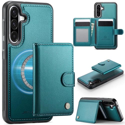 Funda de cuero con hebilla magnética para Samsung Galaxy A56 5G JEEHOOD J09, con ranuras para tarjetas, MagSafe, RFID (verde)