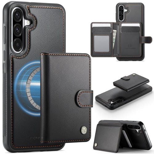 Funda de cuero con hebilla magnética para Samsung Galaxy A56 5G JEEHOOD J09, con ranuras para tarjetas, MagSafe, RFID (negro)