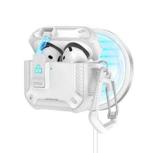 Estuche magnético MagSafe de dos colores para AirPods 4 con soporte y cierre de seguridad (blanco)