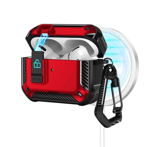 Estuche magnético MagSafe de dos colores para AirPods Pro 2 con soporte y cierre de seguridad (negro y rojo)