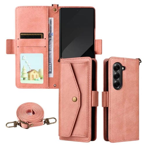 Funda de piel de vacuno cruzada con ranuras para múltiples tarjetas para Samsung Galaxy Z Fold6 5G (rosa)