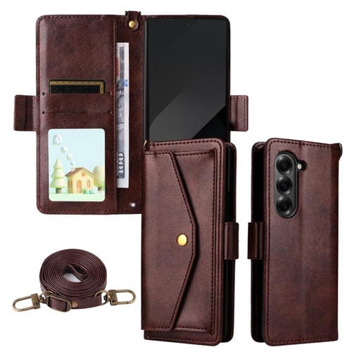 Funda de piel de vacuno cruzada con ranuras para múltiples tarjetas para Samsung Galaxy Z Fold7 5G (marrón)