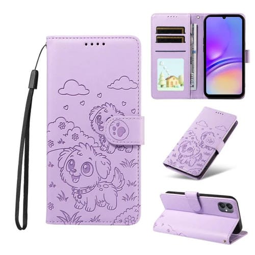 Funda de cuero tipo billetera con bloqueo RFID y diseño de corazón de perro en relieve para Samsung Galaxy A05 (morado)