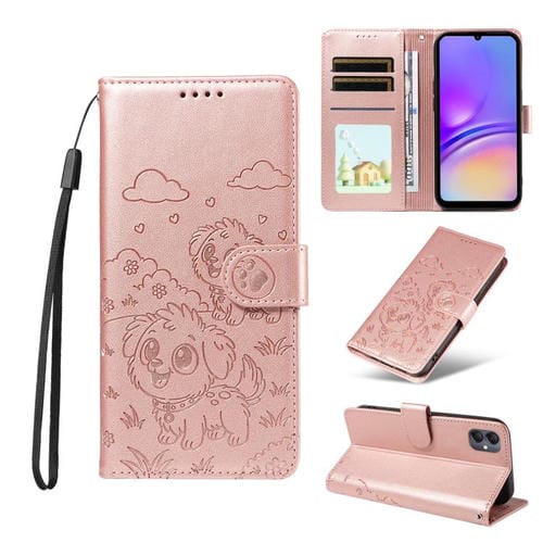 Funda de cuero tipo billetera con bloqueo RFID y diseño de corazón de perro en relieve para Samsung Galaxy A05 (oro rosa)