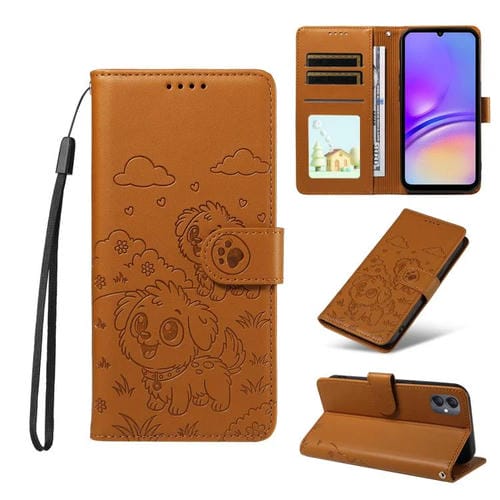 Funda de cuero tipo billetera con bloqueo RFID y diseño de corazón de perro en relieve para Samsung Galaxy A05 (marrón)