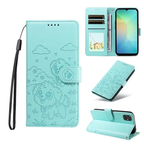 Funda de cuero tipo billetera con bloqueo RFID y diseño de corazón de perro en relieve para Samsung Galaxy A06/A07 (verde)
