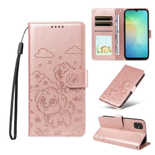 Funda de cuero tipo billetera con bloqueo RFID y diseño de corazón de perro en relieve para Samsung Galaxy A06/A07 (oro rosa)