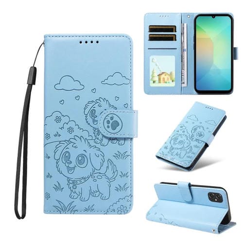 Funda de cuero con bloqueo RFID para Samsung Galaxy A06/A07 con diseño de corazón y perro en relieve (azul cielo)