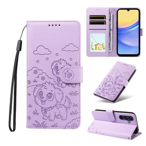 Funda de cuero tipo billetera con bloqueo RFID y diseño de corazón de perro en relieve para Samsung Galaxy A15 4G/5G (morado)