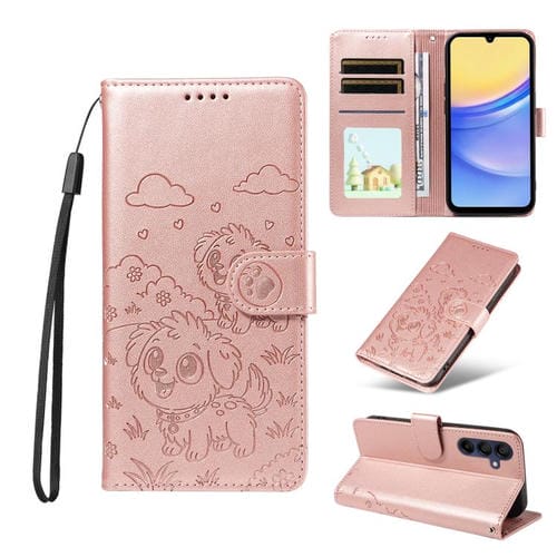 Funda de cuero tipo billetera con bloqueo RFID y diseño de corazón de perro en relieve para Samsung Galaxy A15 4G/5G (oro rosa)