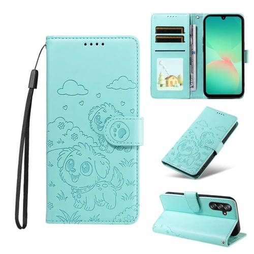 Funda de cuero con bloqueo RFID para Samsung Galaxy A16/A26/A17 con diseño de corazón en relieve (verde)