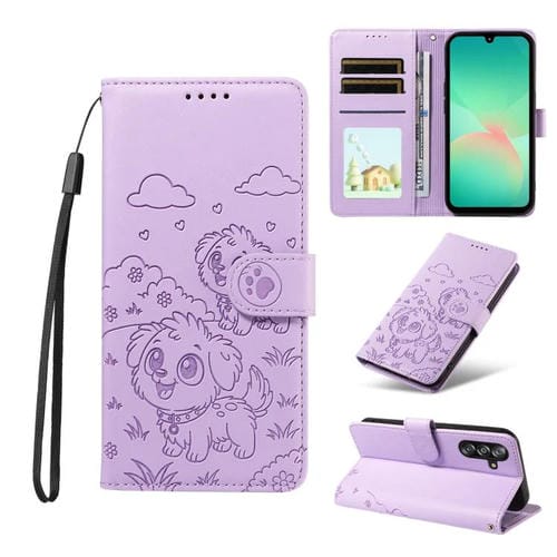 Funda de cuero tipo billetera con bloqueo RFID y diseño de corazón de perro en relieve para Samsung Galaxy A16/A26/A17 (morado)