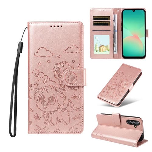 Funda de cuero tipo billetera con bloqueo RFID y diseño de corazón de perro en relieve para Samsung Galaxy A16/A26/A17 (oro rosa)