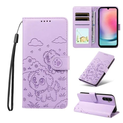 Funda de cuero tipo billetera con bloqueo RFID y diseño de corazón de perro en relieve para Samsung Galaxy A24 4G (morado)