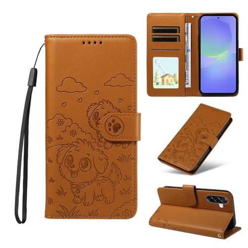 Funda de cuero tipo billetera con bloqueo RFID y diseño de corazón de perro en relieve para Samsung Galaxy A36 5G (marrón)