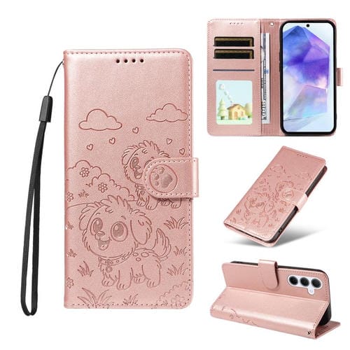 Funda de cuero tipo billetera con bloqueo RFID para Samsung Galaxy A55 5G, con diseño de corazón y perro en relieve (oro rosa)