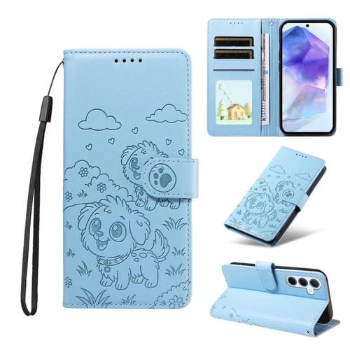 Funda de cuero tipo billetera con bloqueo RFID para Samsung Galaxy A55 5G, con diseño de corazón y perro en relieve (azul cielo)
