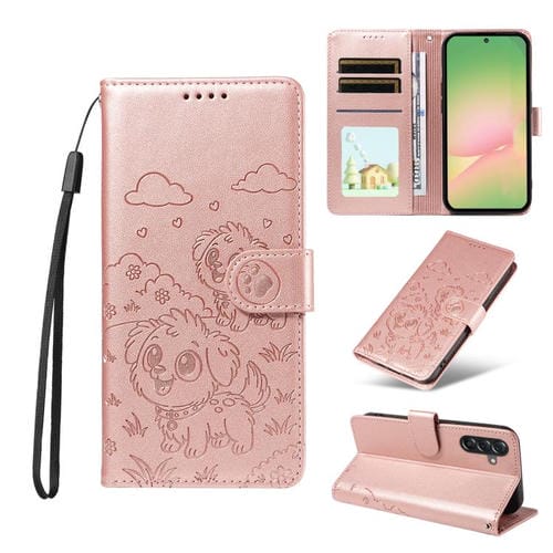 Funda de cuero tipo billetera con bloqueo RFID y diseño de corazón de perro en relieve para Samsung Galaxy A56 5G (oro rosa)