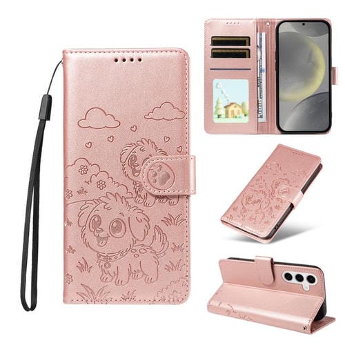 Funda de cuero tipo billetera con bloqueo RFID y diseño de corazón de perro en relieve para Samsung Galaxy S24/S25 5G (oro rosa)