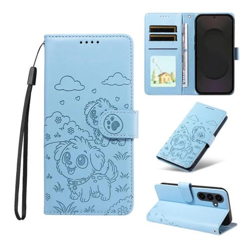 Funda de cuero tipo billetera con bloqueo RFID y diseño de corazón de perro en relieve para Samsung Galaxy S25 FE 5G (azul cielo)