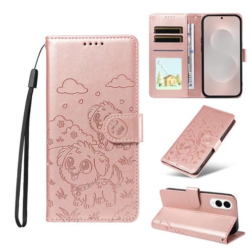 Funda de cuero tipo billetera con bloqueo RFID para Samsung Galaxy S25 Edge 5G, con diseño de corazón en relieve y perro (oro rosa)