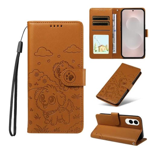 Funda de cuero tipo billetera con bloqueo RFID para Samsung Galaxy S25 Edge 5G, con diseño de corazón en relieve y perro (marrón)