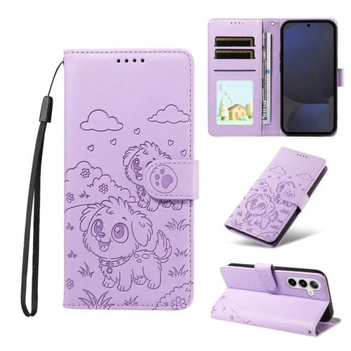 Funda de cuero tipo billetera con bloqueo RFID para Samsung Galaxy S24 FE 5G, con diseño de corazón y perro en relieve (morado)