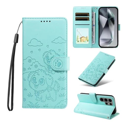 Funda de cuero tipo billetera con bloqueo RFID y diseño de corazón de perro en relieve para Samsung Galaxy S24 Ultra 5G (verde)