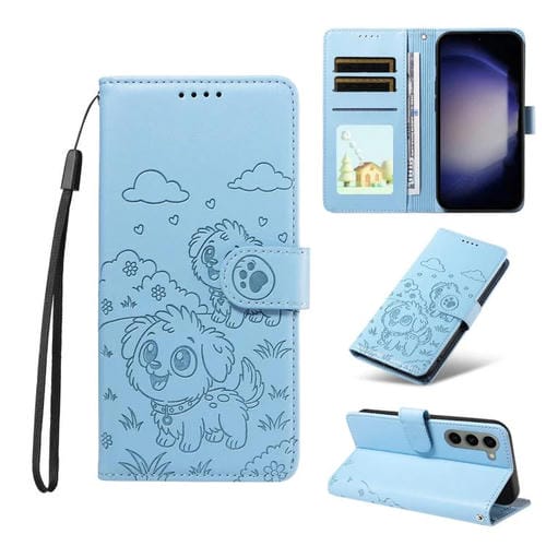 Funda de cuero con bloqueo RFID para Samsung Galaxy S23 5G, con diseño de corazón y perro en relieve (azul cielo)