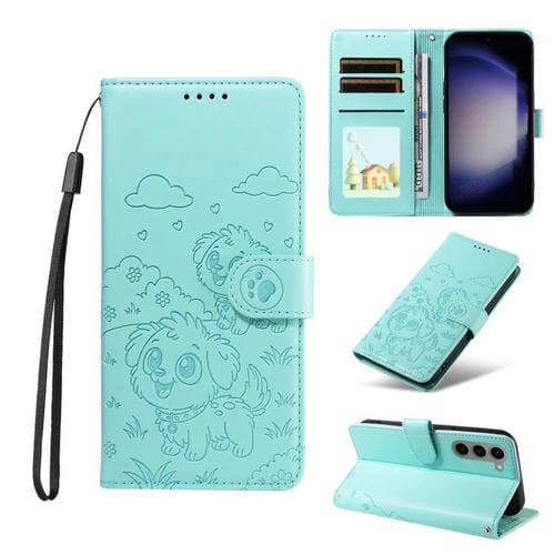 Funda de cuero con bloqueo RFID para Samsung Galaxy S23+ 5G, con diseño de corazón en relieve y perro (verde)