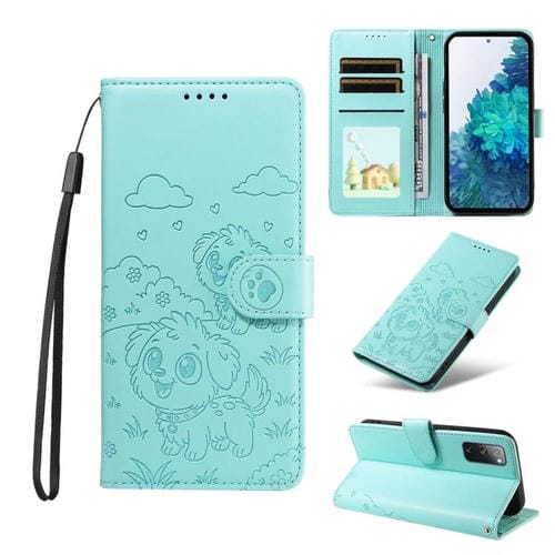 Funda de cuero con bloqueo RFID para Samsung Galaxy S20 FE con diseño de corazón y perro en relieve (verde)