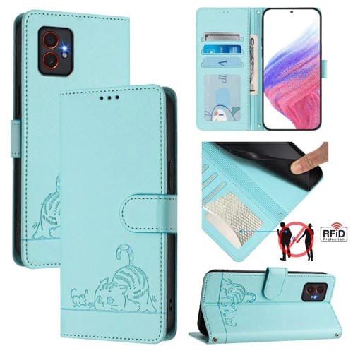 Funda de cuero RFID con estampado de gato y rata en relieve para Samsung Galaxy XCover7 Pro con cordón (verde menta)