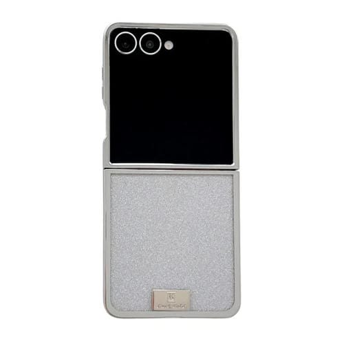 Funda para Samsung Galaxy Z Flip6 con marco chapado, papel brillante y placa de identificación de cobertura completa (plateada)
