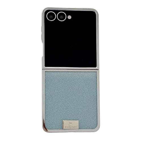 Funda para Samsung Galaxy Z Flip5 con marco chapado, placa de identificación de papel brillante, cobertura total (azul)