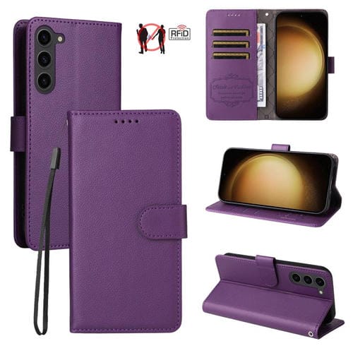 Funda de cuero tipo billetera con bloqueo RFID para Samsung Galaxy S23+ 5G, textura Litchi, para 3 tarjetas (morado)