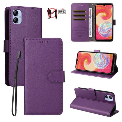 Funda de cuero tipo billetera con bloqueo RFID para Samsung Galaxy A04e 4G/F04, con textura Litchi y capacidad para 3 tarjetas (morado)