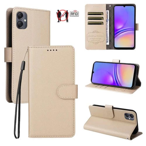 Funda de cuero tipo billetera con bloqueo RFID para Samsung Galaxy A05, textura Litchi, para 3 tarjetas (beige)