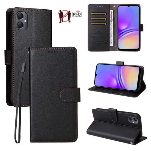 Funda de cuero con textura Litchi para Samsung Galaxy A05, con bloqueo RFID y capacidad para 3 tarjetas (negro)