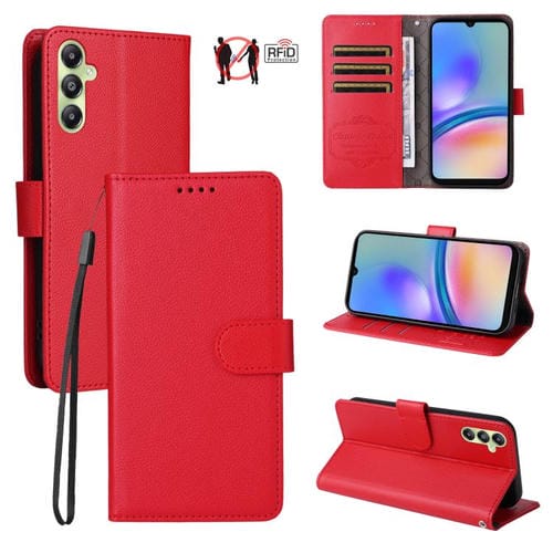 Funda de cuero con textura Litchi para Samsung Galaxy A05s, con bloqueo RFID y capacidad para 3 tarjetas (roja)