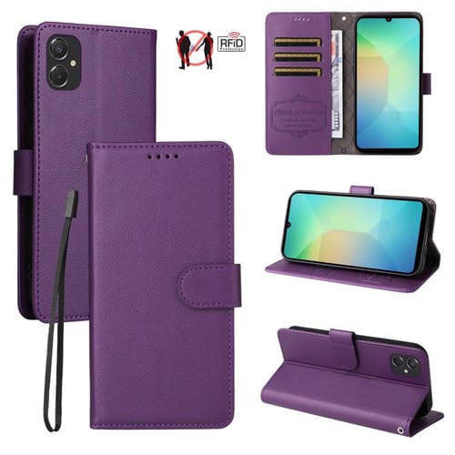 Funda de cuero tipo billetera con bloqueo RFID para Samsung Galaxy A06 4G/5G, textura Litchi, para 3 tarjetas (morado)