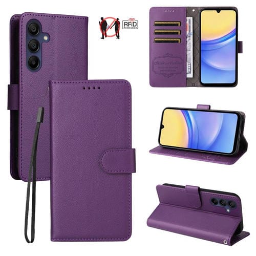 Funda de cuero tipo billetera con bloqueo RFID para Samsung Galaxy A15 4G/5G, textura Litchi, para 3 tarjetas (morado)