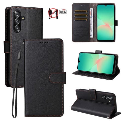Funda de cuero tipo billetera con bloqueo RFID para Samsung Galaxy A16 4G/5G/A26, con textura Litchi y capacidad para 3 tarjetas (negra)