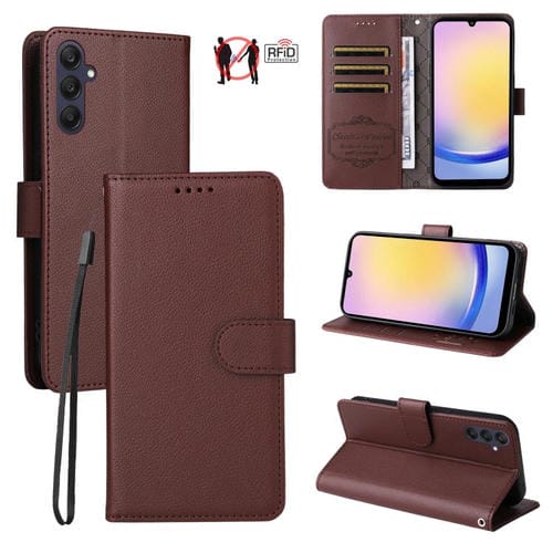 Funda de cuero con textura Litchi Global para Samsung Galaxy A25 5G, con bloqueo RFID y capacidad para 3 tarjetas (marrón)