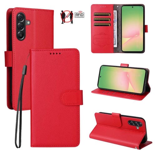 Funda de cuero tipo billetera con bloqueo RFID para Samsung Galaxy A56 5G, textura Litchi, para 3 tarjetas (roja)
