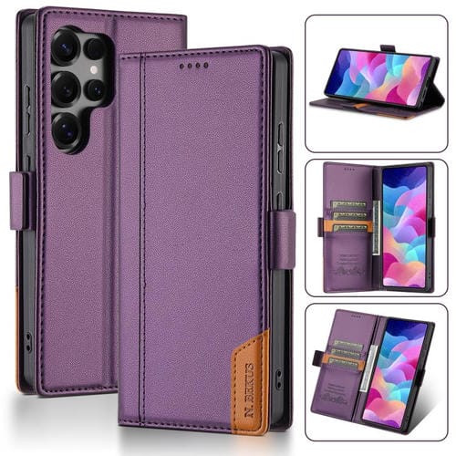 Funda de cuero con tapa magnética y costuras RFID para Samsung Galaxy S24 Ultra 5G N.BEKUS P3 (morado)