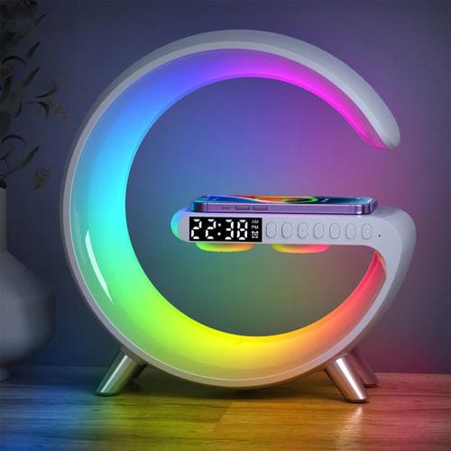 Altavoz Bluetooth Inteligente N69 Compatible con Cargador Inalámbrico Reloj Despertador Luz Ambiental (Blanco)