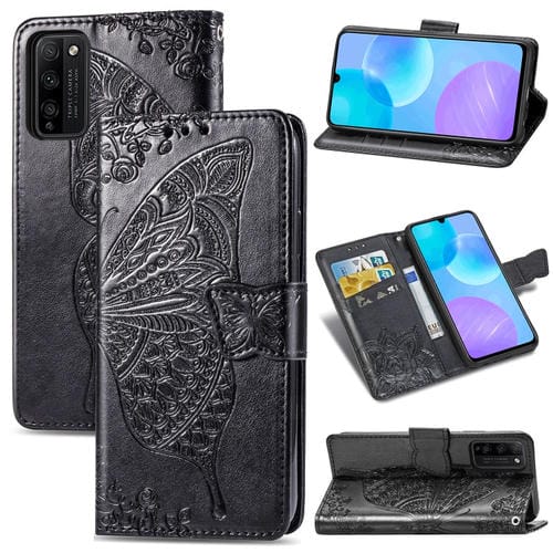 Para Huawei Honor 30 Lite Butterfly Love Flower Funda de cuero con tapa horizontal en relieve con soporte, ranuras para tarjetas, billetera y cordón (negro)