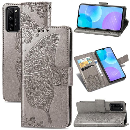 Para Huawei Honor 30 Lite Butterfly Love Flower Funda de cuero con tapa horizontal en relieve con soporte, ranuras para tarjetas, billetera y cordón (gris)